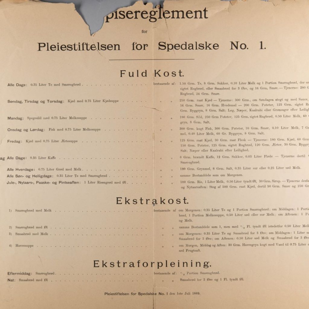 Food regulations from Pleiestiftelsen Hospital, 1889. Photo: Bergen City Museum.