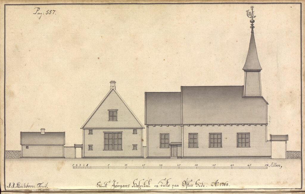 Drawing og St. Jørgen's Church in 1768, by Johan Joachim Reichborn. Bergen City Archives.