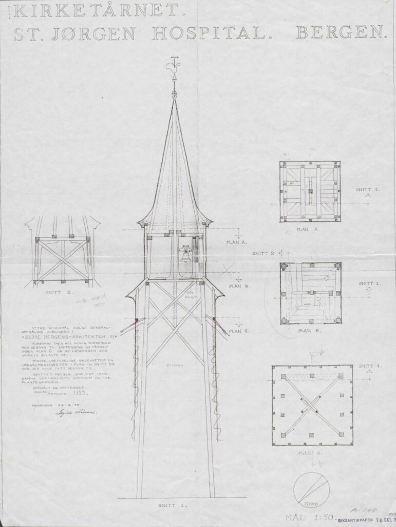 Drawing bell tower, by Egill Reimers 1955. Directorate for Cultural Heritage.