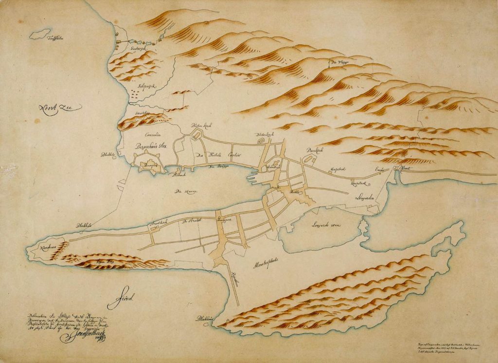 Section of hand drawn copy of map from Geelkerck, 1646. Bergen City Archives.