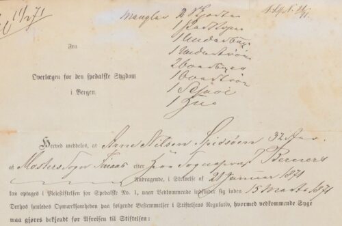 Confirmation of admission to the Pleiestiftelsen hospital. Regional State Archives of Bergen.