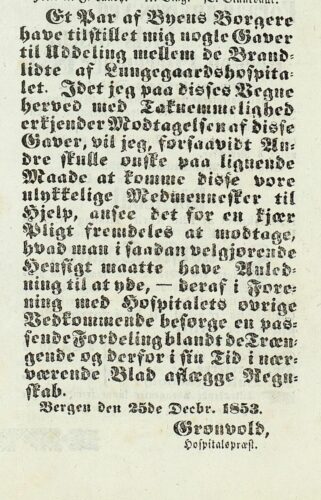 Note from the newspaper Bergen Adressecontoirs efterretninger, 27.12.1853. www.nb.no.