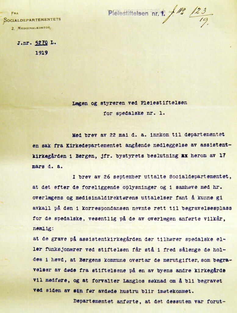 Letter regarding closure of the Assistentkirkegården cemetery. 1919. Regional State Archives of Bergen.