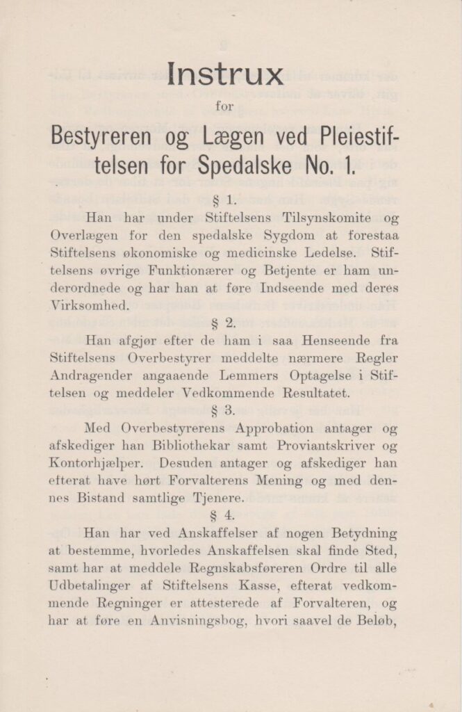 Directive for physician and superintendent at Pleiestiftelsen dating from 1897. Regional State Archives of Bergen.